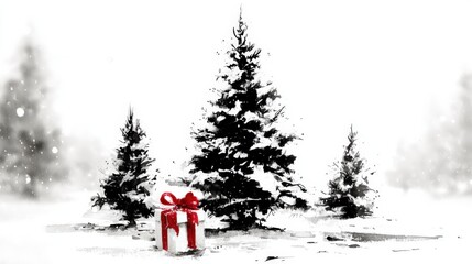 Wall Mural - A snowy landscape with pine trees and a single gift wrapped in red ribbon, creating a serene winter holiday scene.