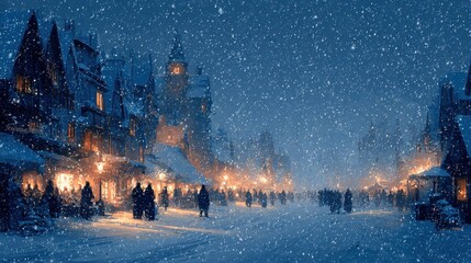 Wall Mural - Snow falls gently over a bustling, illuminated medieval street scene at night, capturing a serene winter atmosphere.