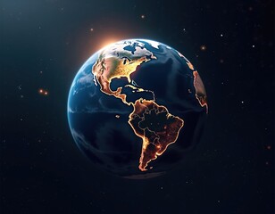 Wall Mural - Night view of Earth from space, with blue oceans, continents lit by golden lights. Cosmic digital artwork, ideal for astronomy projects, global concepts. Stars in background, perfect for design