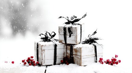 Wall Mural - Three snow-covered gift boxes with black ribbons and red berries create a festive winter scene against a snowy background.