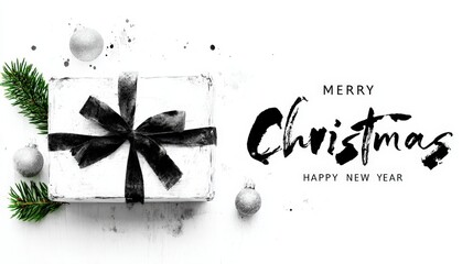 Wall Mural - Festive Christmas greeting card with a gift box, black ribbon, silver ornaments, and green pine branches on a white background.
