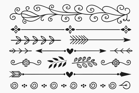 Elegant Divider and Border Collection Featuring Vintage Arrows, Floral Accents, and Ornamental Swirls in Hand-Drawn Black Vector Style for Layout Design.


