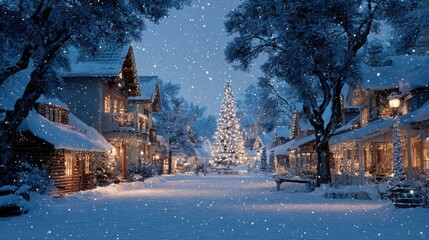Wall Mural - Snow-covered village street with festive lights, a decorated Christmas tree, and gently falling snowflakes, creating a cozy winter wonderland scene.