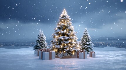 Wall Mural - Snowy Christmas trees with glowing lights and gift boxes in a winter landscape, surrounded by falling snowflakes under a dark, cloudy sky.