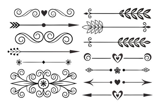 Ornamental Divider and Border Collection in Black Vector Featuring Elegant Arrows, Hearts, and Floral Swirls for Invitations and Stylish Design Layouts.

