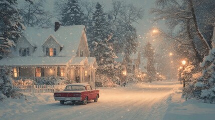 Wall Mural - Snow falls gently on a cozy, illuminated house with a red vintage car parked outside, creating a serene winter evening scene.