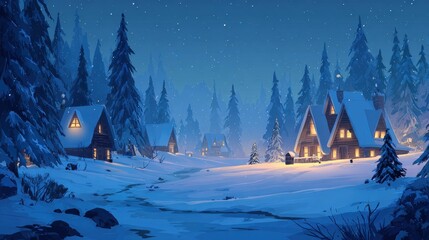 Poster - Cozy snow-covered cabins in a winter forest, illuminated by warm lights, under a starry night sky.