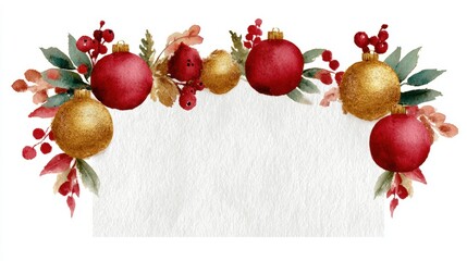 Wall Mural - Watercolor Christmas border with red and gold ornaments, berries, and leaves on a textured white background.