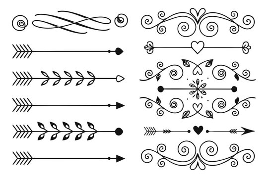 Hand-Drawn Decorative Dividers and Arrow Borders in Vintage Style. Elegant Floral Accents in Black Vector for Creative Layouts, Posters, and Invitations.

