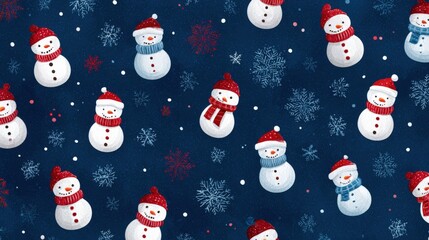 Wall Mural - Festive pattern of snowmen with hats and scarves on a dark blue background, adorned with snowflakes and dots, evoking a cheerful winter atmosphere.
