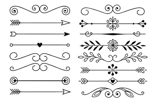 Decorative Vector Divider Collection Featuring Elegant Arrows, Vintage Line Art, and Whimsical Floral Borders. Perfect for Design Layouts and Invitations.

