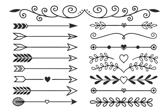 Decorative Divider Set with Vintage Curved Lines, Hearts, Arrows, and Floral Embellishments. Elegant Hand-Drawn Vector Elements for Creative Invitations and Layouts.

