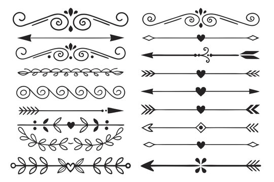Elegant Line Art Dividers Featuring Vintage Swirls, Ornamental Arrows, and Floral Borders in Hand-Drawn Vector. Stylish Accents for Creative Design Projects.

