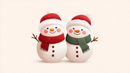 Wall Mural - Two cheerful snowmen wearing red and green scarves and hats, smiling against a light background, evoking a festive winter holiday spirit.