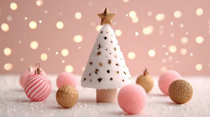 Wall Mural - Festive scene with a small white Christmas tree adorned with a golden star, surrounded by pink and gold ornaments against a soft, glowing backdrop.