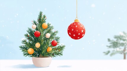 Wall Mural - A small potted Christmas tree adorned with colorful baubles sits in the snow, with a red ornament hanging nearby against a snowy, blue sky backdrop.