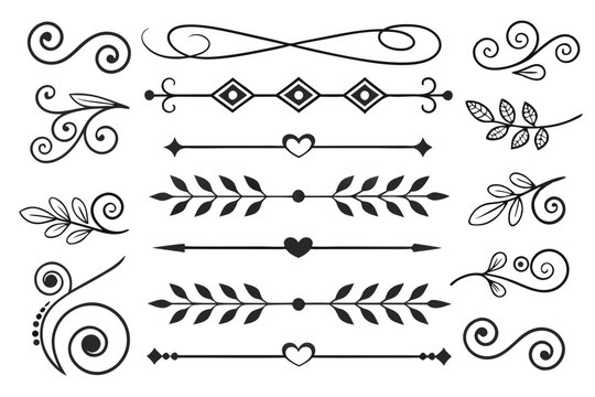 Hand-Drawn Decorative Dividers in Elegant Black Line Art Style Featuring Curved Arrows, Swirls, and Floral Motifs. Perfect for Graphic Design and Creative Layouts.

