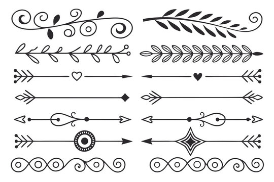 Elegant Black Vector Dividers Featuring Curved Arrows, Vintage Borders, and Floral Accents. Hand-Drawn Decorative Elements for Invitations and Layouts.

