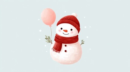 Wall Mural - Cute snowman with a red hat and scarf holding a pink balloon, set against a light blue background with falling snowflakes.