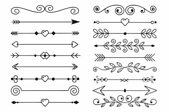 Collection of Hand-Drawn Dividers Featuring Elegant Arrows, Swirls, and Floral Borders in Black Vector. Perfect for Layouts and Design Templates.

