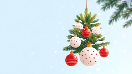 Wall Mural - A festive Christmas tree branch adorned with red and white baubles against a light blue snowy background, evoking holiday cheer and winter joy.