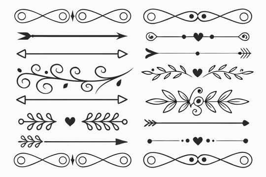 Black Vector Decorative Divider Collection Featuring Elegant Line Art, Swirls, Arrows, and Floral Borders for Design Layouts and Invitations.

