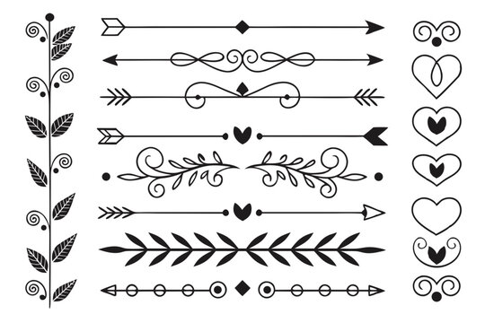Hand-Drawn Elegant Divider Set Featuring Vintage Arrows, Ornamental Swirls, and Floral Borders in Black Vector. Decorative Elements for Layouts.

