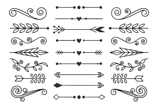 Vintage-Inspired Decorative Divider Set in Elegant Black Vector Style. Arrows, Floral Borders, and Swirls for Creative Invitations, Posters, and Design Layouts.

