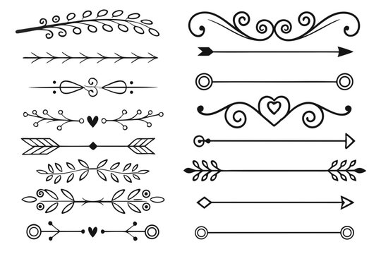 Elegant Arrows and Floral Decorative Dividers in Black Vector Format. Whimsical Swirl Borders and Ornamental Accents for Invitations and Layout Templates.

