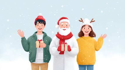 Wall Mural - Three people standing in snowy landscape holding wrapped presents during daytime winter scene.