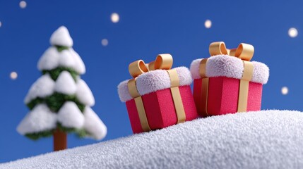 Wall Mural - Three red gift boxes with gold bows placed on a snowy hill under a clear sky during daytime.