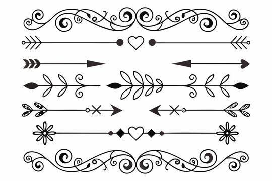 Collection of Elegant Decorative Dividers and Ornaments in Black Vector. Vintage Floral Borders, Swirls, and Arrows for Invitations and Graphic Design Projects.

