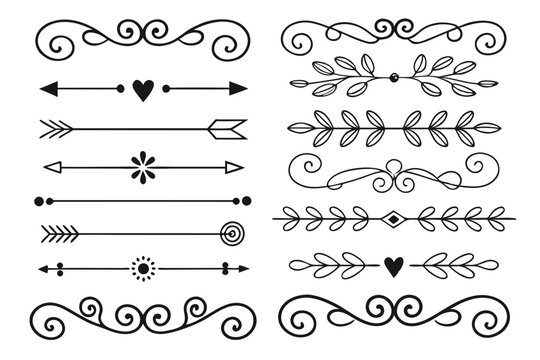 Floral Divider Set with Elegant Arrows and Vintage Borders in Black Vector. Hand-Drawn Ornaments for Design Projects, Invitations, and Creative Layout Templates.

