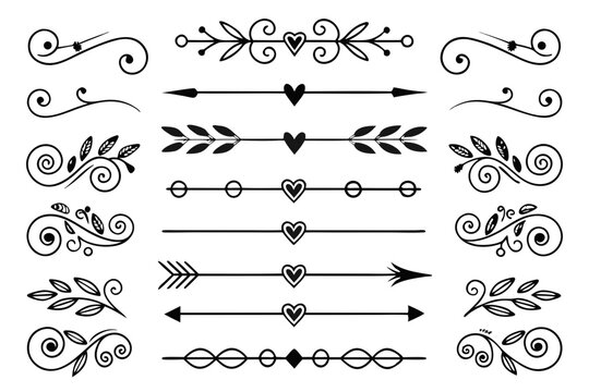 Whimsical Decorative Dividers Set with Hearts, Arrows, and Elegant Ornaments in Black Vector. Ideal for Romantic Invitations, Vintage Layouts, and Graphic Design Projects.

