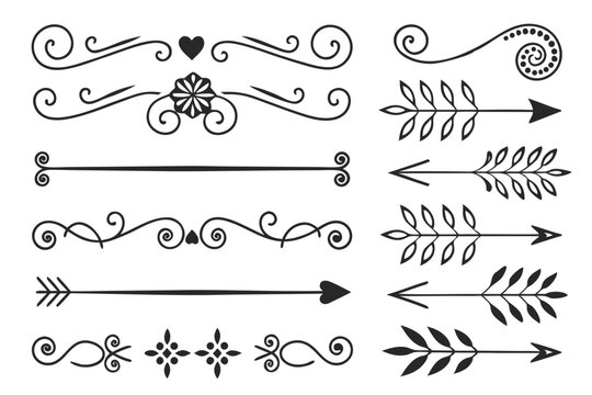 Hand-Drawn Elegant Dividers and Vintage Floral Accents in Black Vector. Ornamental Borders and Whimsical Arrows for Creative Projects and Design Templates.

