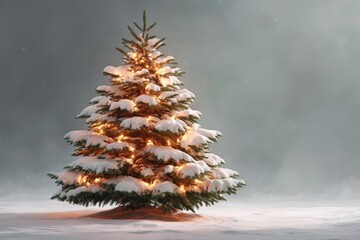 Wall Mural - A beautifully lit Christmas tree covered in snow stands in a snowy landscape, creating a festive and serene holiday scene.