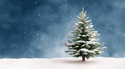 Wall Mural - Snow-covered evergreen tree stands alone in a snowy landscape under a dark, starry winter sky.
