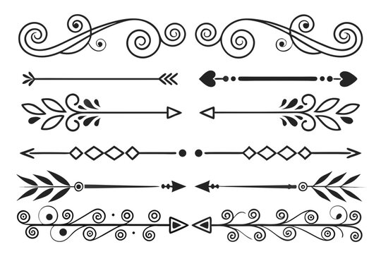 Black and White Decorative Divider Set Featuring Elegant Swirls, Floral Borders, Arrow Separators, and Vintage Accents. Ideal for Invitations, Cards, and Stylish Design Elements.

