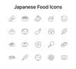 © ManaKaiDesign - Japanese Food Line Icons Set. Traditional Cuisine for Web, Apps, Menus, and Packaging Design. Wagashi, Sushi, Takoyaki, and Matcha