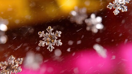 Sticker - Close-up of delicate snowflakes against a colorful blurred background, highlighting intricate patterns and vibrant hues.