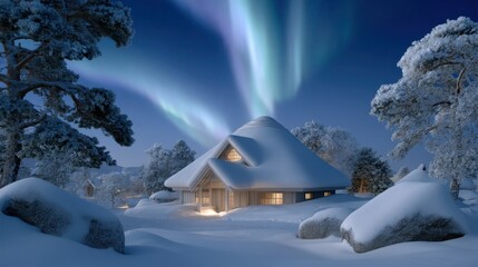 Wall Mural - Cozy snow-covered cabin under a vibrant aurora borealis in a serene winter landscape with frosted trees and a clear night sky.