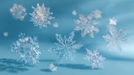 Wall Mural - Close-up of intricate snowflakes on a soft blue background, showcasing their delicate patterns and icy textures in a serene winter scene.