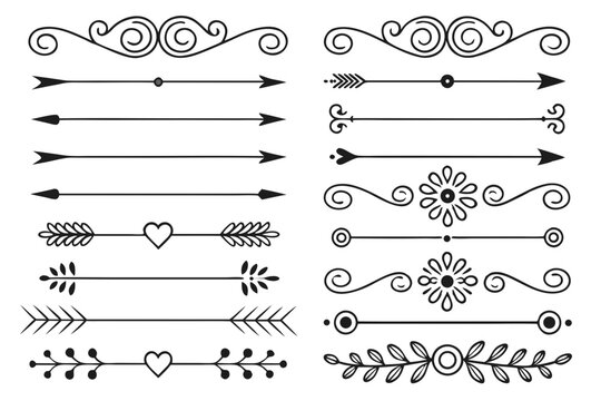 Hand-Drawn Vintage Dividers and Decorative Elements in Elegant Black Vector Style. Ornamental Swirls, Arrows, and Borders for Stylish Invitations and Creative Layouts.

