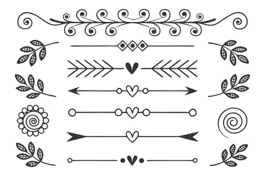 Elegant Black Vector Divider Set with Ornate Line Borders, Vintage Arrows, Floral Motifs, and Whimsical Accents. Ideal for Posters, Invitations, and Graphic Design Layouts.

