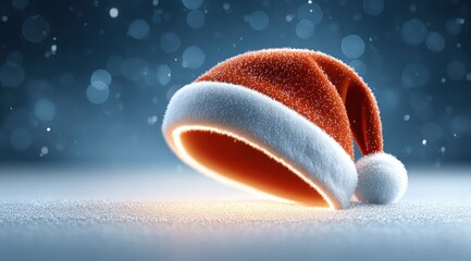 Wall Mural - A festive Santa hat dusted with snow rests on a snowy surface, glowing warmly against a blurred blue background with bokeh lights.