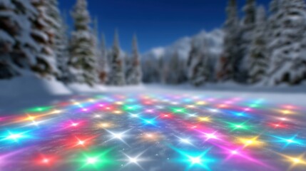 Wall Mural - A snowy forest scene with colorful, glowing lights reflecting on the ground, creating a festive and magical winter atmosphere.