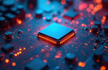 Poster - Glowing microchip on circuit board at night. Modern tech design with vibrant colors. Computing, data transfer illustration. Digital device, AI, machine learning, innovative hardware, high-tech