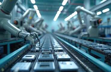 Poster - Robotic arms assembly line semiconductor manufacturing. Automation, technology modern production process, microchip production, innovation. Electronic components assembly, factory. Conveyor belt with