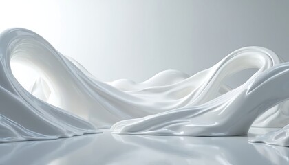 Poster - Abstract illustration shows white liquid wavy shapes on white background. Modern geometric glossy shiny futuristic background for banner template cover print ad presentation brochure. Conceptual art.