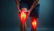 © Vadym - Man holds painful knees with glowing red-yellow bones. Injury joint pain concept. Athlete feels pain in patella. Health care needs recovery rehabilitation after sport trauma. Medical assistance.